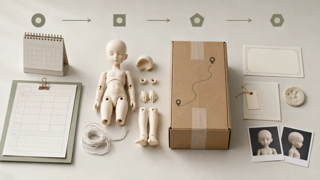 BJD preorder and authenticity guide showing order planning, production, shipping, and provenance documents