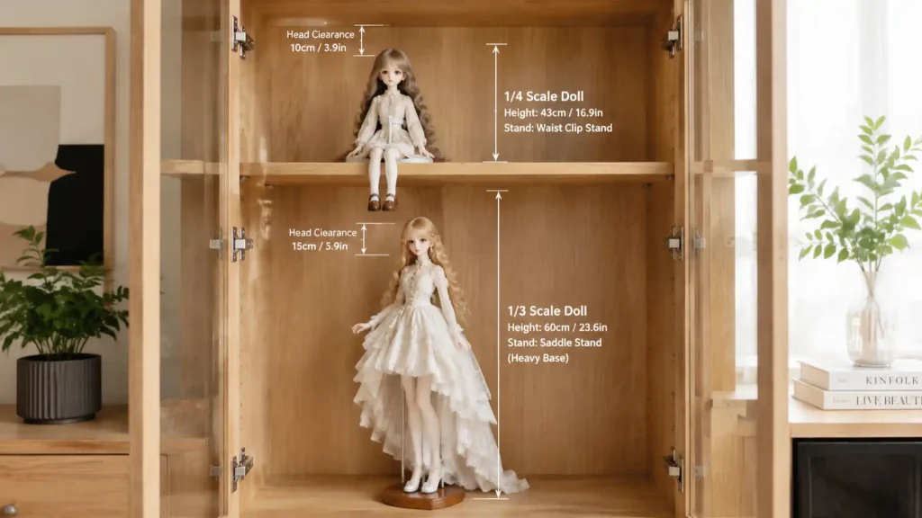 BJD size chart display comparison with dolls on waist-clip and saddle stands in a shelf.
