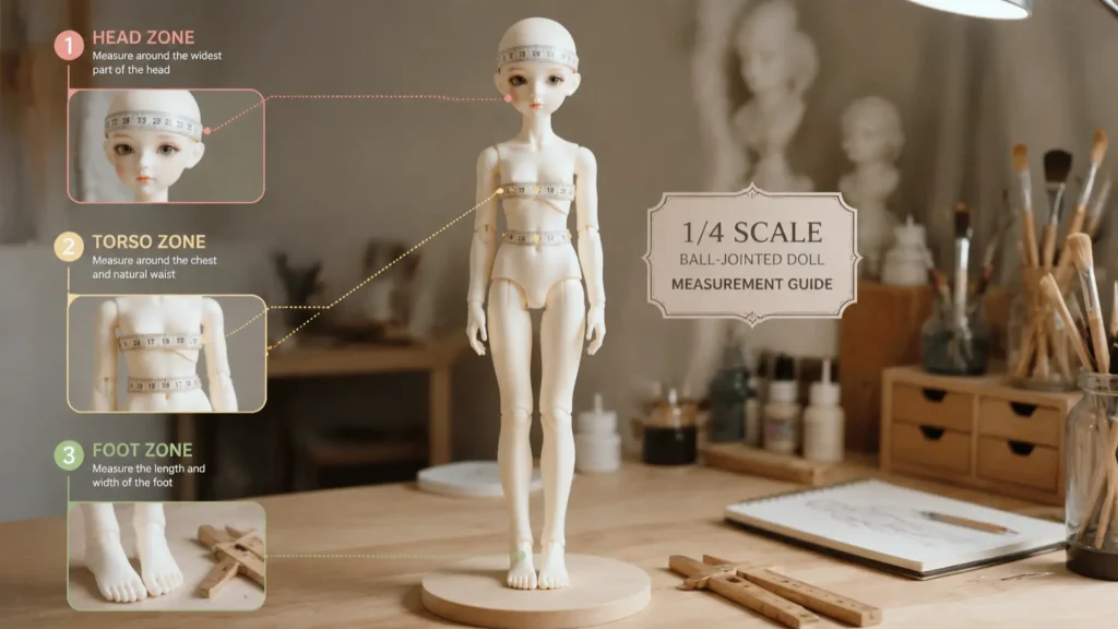 BJD size chart three fit zones on a doll mannequin showing head, torso, and foot measurements