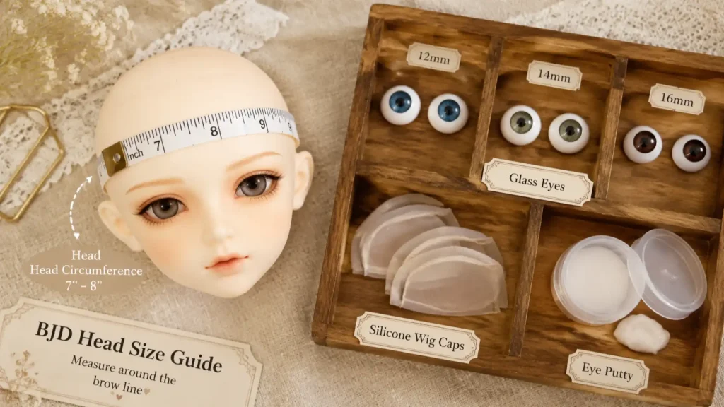 BJD size chart guide measuring head circumference for wigs and comparing glass eye sizes