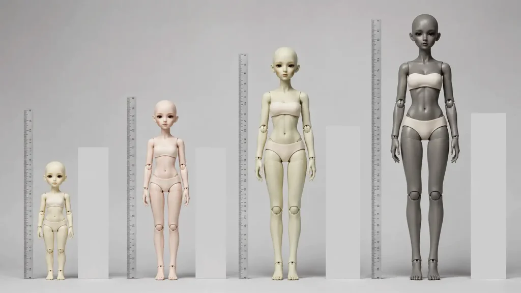 BJD terminology size comparison showing four resin dolls from tiny to very large with measurement references