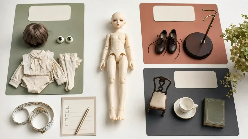 BJD terms explained with a doll, accessories, separate items, and styling props grouped for listing review