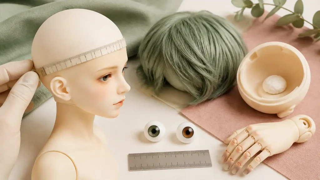 BJD wig size and eye size guide showing head measurement, doll eyes, wig, and body blushing
