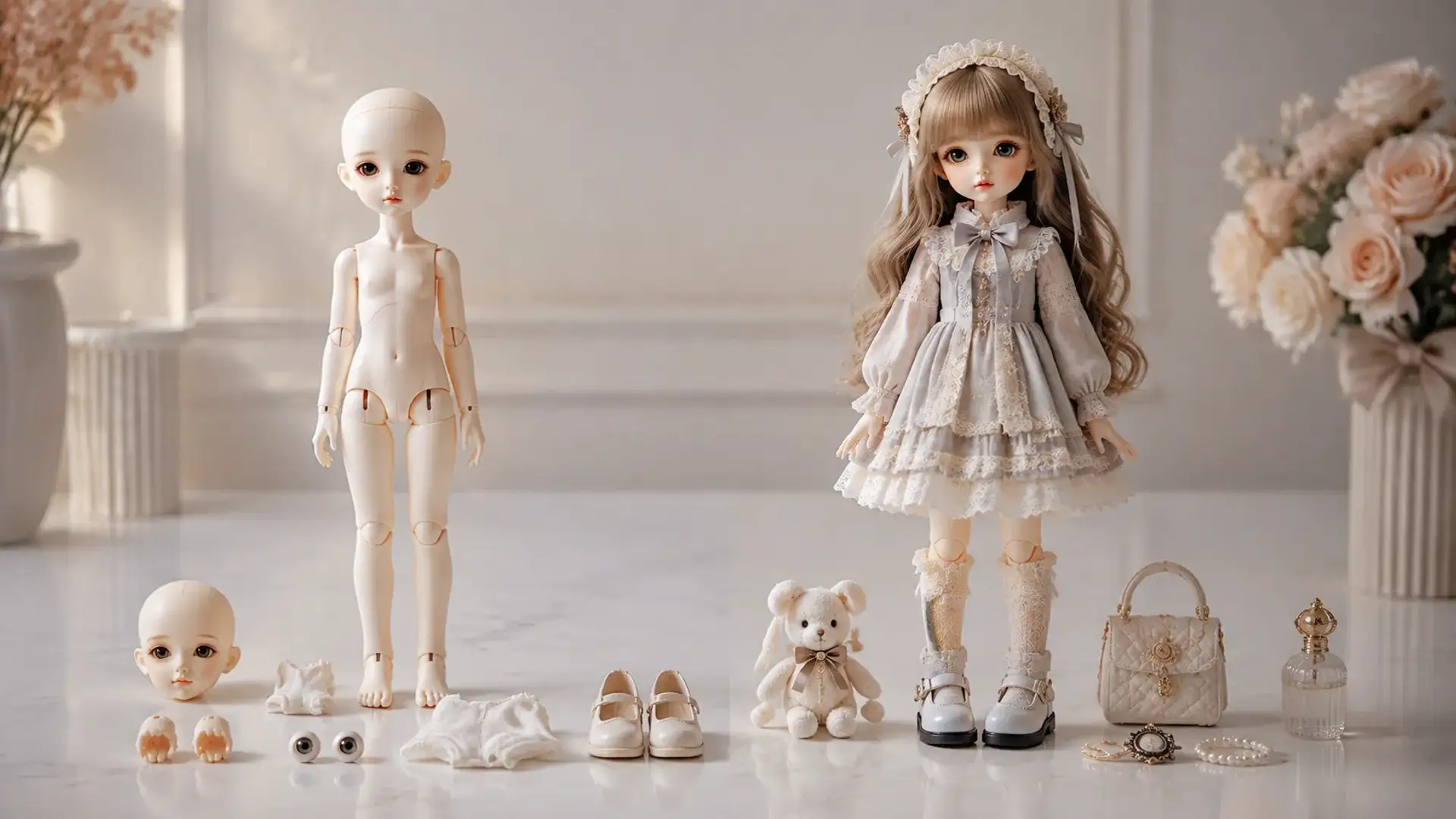 Blank vs Fullset BJD comparison with a blank doll setup and a coordinated fullset on a studio table