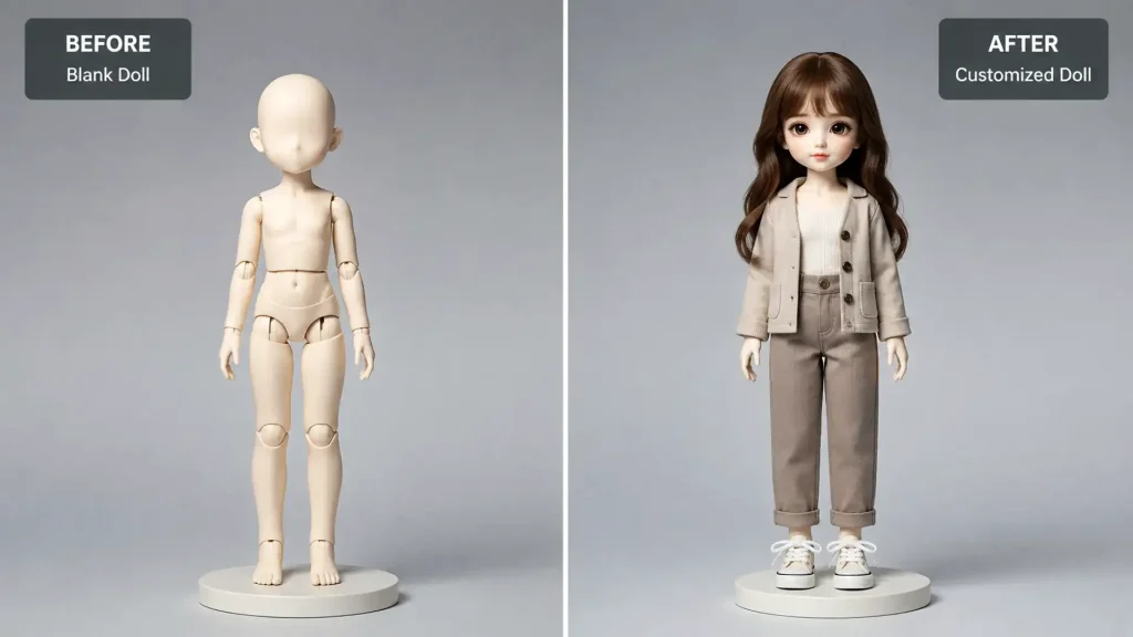 Side-by-side comparison showing blank ball-jointed doll without styling next to fullset doll with face-up and outfit
