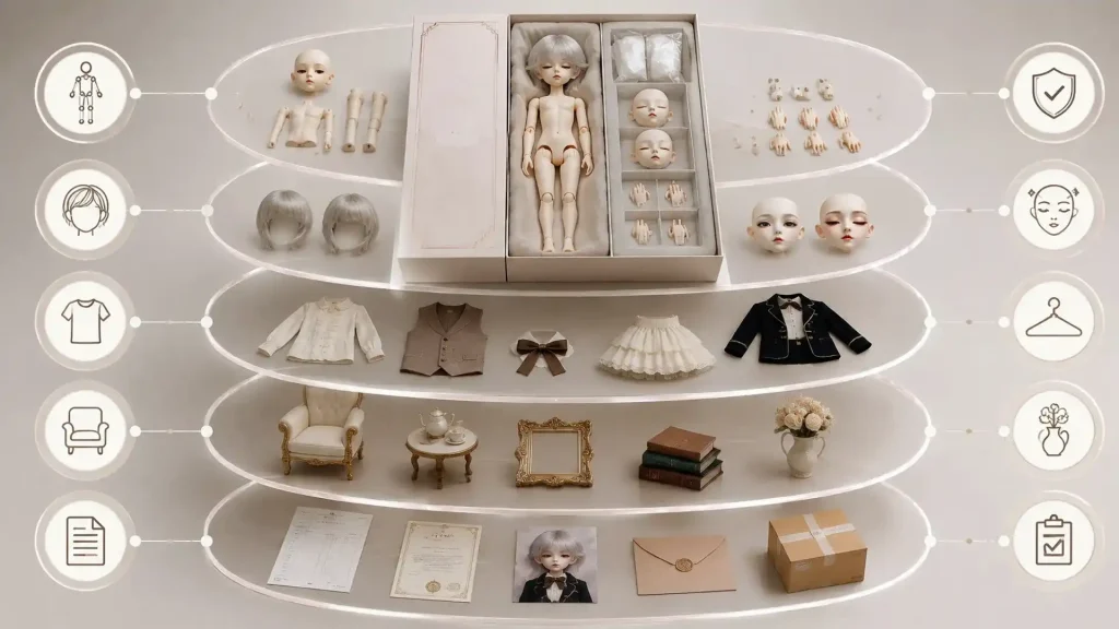Blank vs Fullset BJD audit layers showing doll parts, styling, clothing, props, and order details