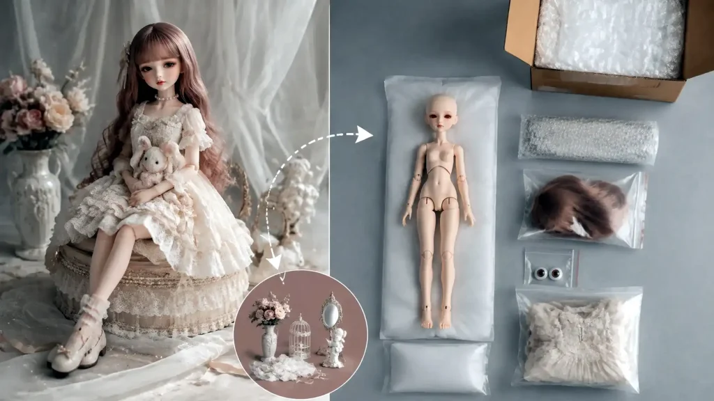Blank vs Fullset BJD package reality check showing a styled display beside the actual parcel contents.