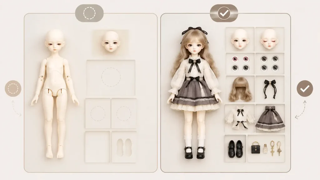 Blank vs Fullset BJD quick comparison showing minimal parts on one side and a full coordinated package on the other