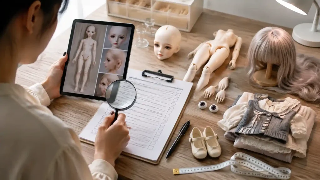 Blank vs Fullset BJD verification checklist with a buyer reviewing measurements and package contents on a desk.