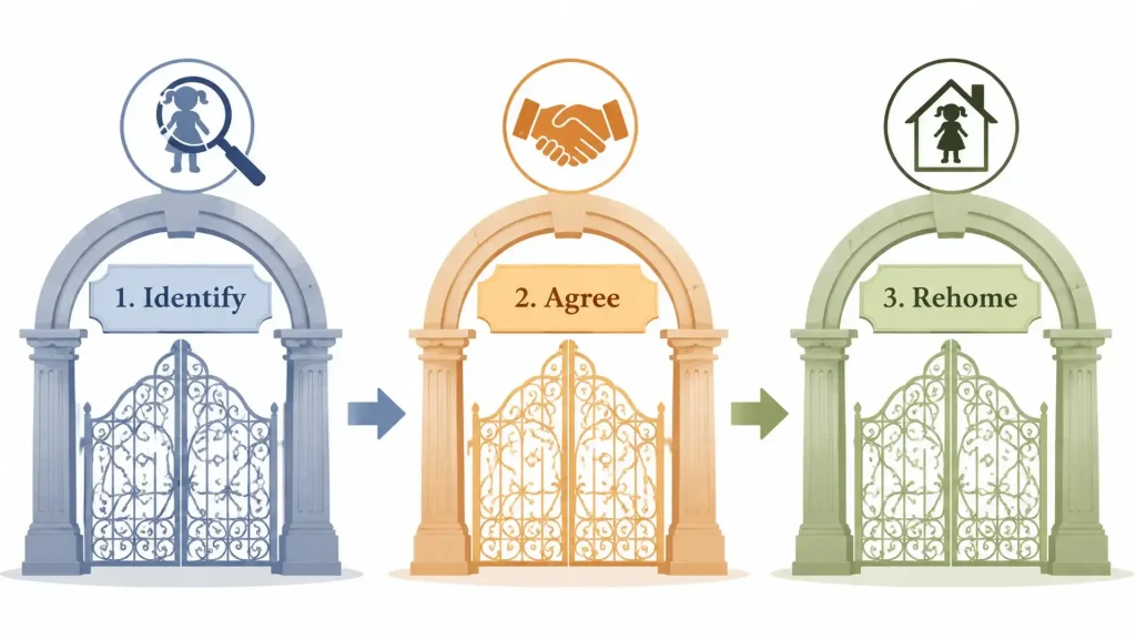 Infographic showing three sequential gates representing doll verification, transaction check, and ownership readiness