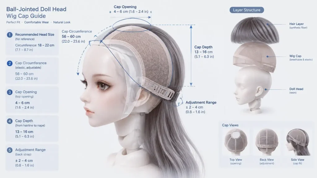 BJD wig size guide diagram showing head size, cap circumference, cap opening, and cap depth on a doll head.