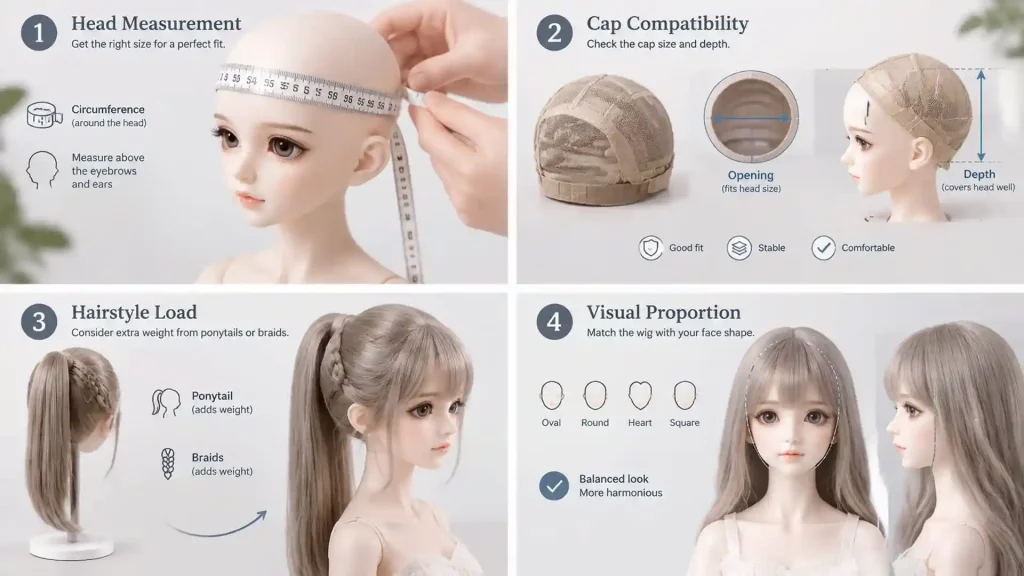 BJD wig size guide infographic with four panels for measurement, cap fit, hairstyle load, and visual proportion