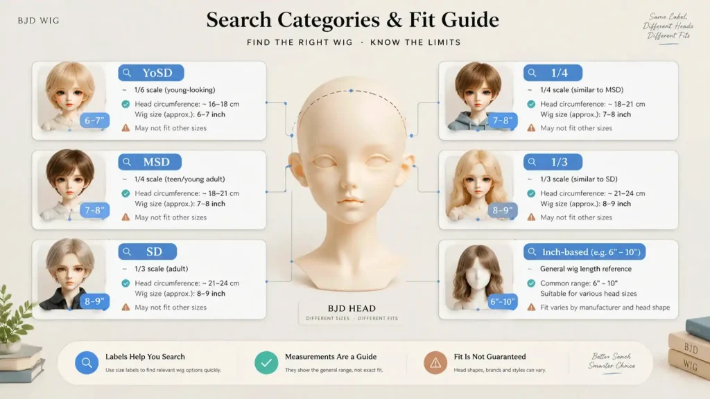 BJD wig size guide visual comparing YoSD, MSD, SD, 1/4, 1/3, and inch labels around a doll head silhouette