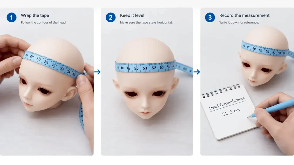 BJD wig size guide illustration showing a tape measure around a doll head and a note card for recording measurements.
